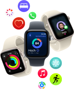 Drei Apple Watch SE 3 Geräte schweben nebeneinander: eines mit Aktivitätsringen, eines mit Schlafindex und eines mit einer eingehenden Textnachricht